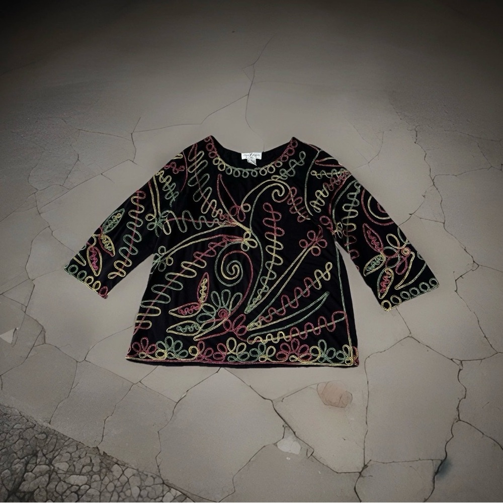 Once Again Women 1XL Black Blouse Soutache Embroider Metallic Art To Wear Top